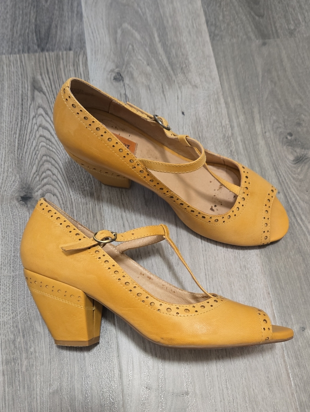 Miz Mooz Mustard Leather Yellow T-Strap Peep-Toe Block Heels